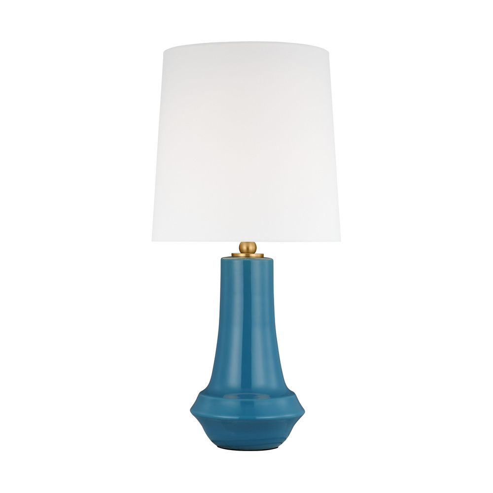 Jenna contemporary 1-light LED medium table lamp in lucent aqua finish with white linen fabric shade