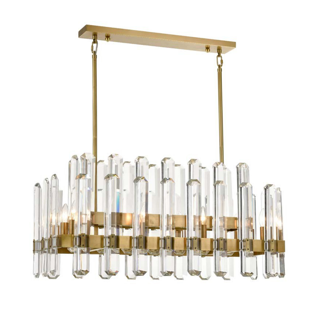 10-Light 36" 2-Tier Aged Brass Rectangular Crystal Chandelier