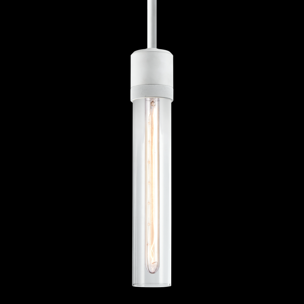 3" E26 Cylindrical Pendant Light, 12" Clear Glass and Matte White Finish