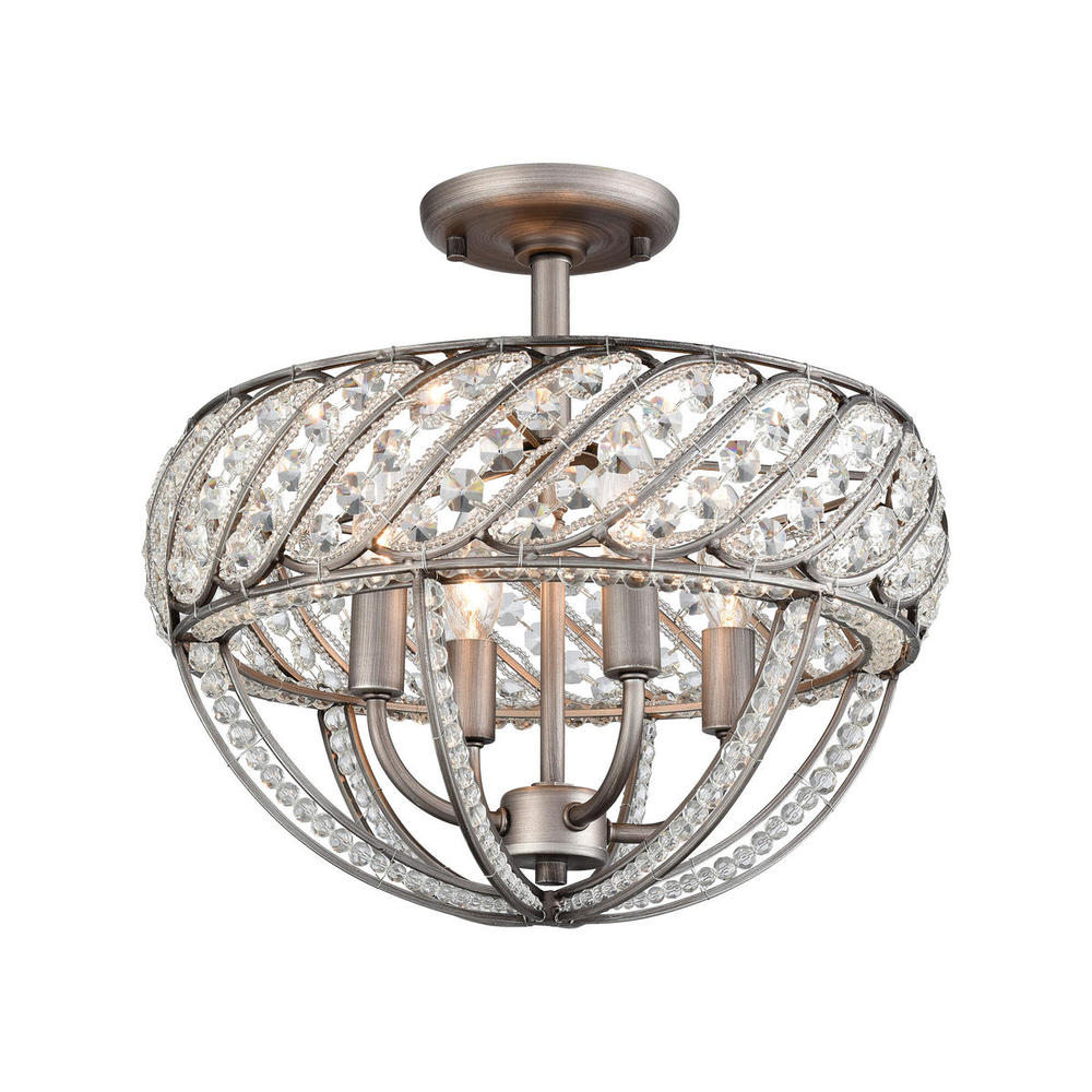 Bradington 4-Light Semi Flush in Weathered Zinc with Clear Crystal